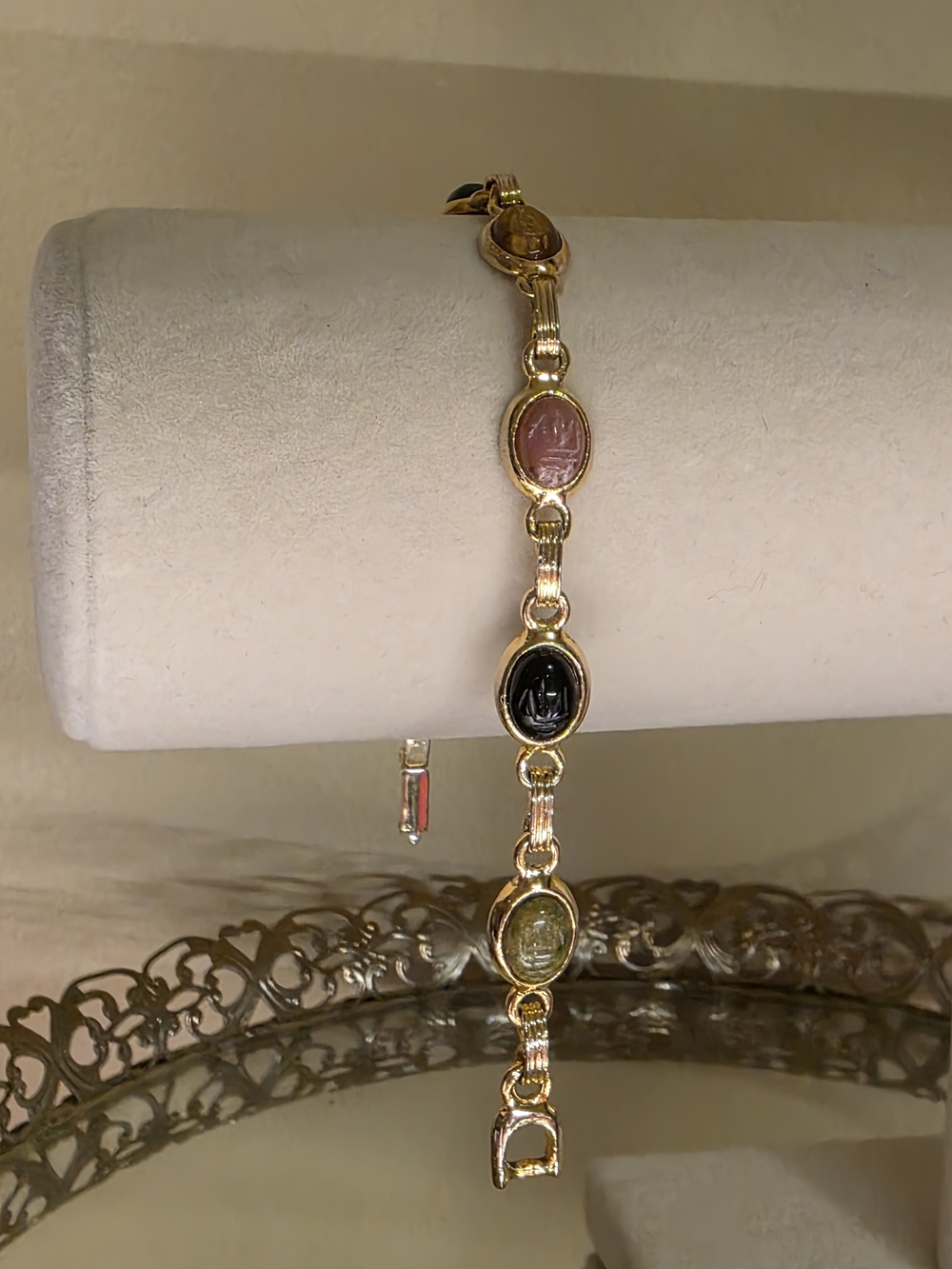 Gold-tone Multi-Stone Oval Scarab Link Bracelet - Women's Jewelry